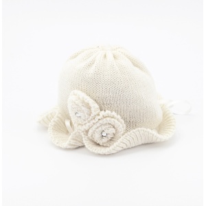 Cappellino in lana merinos bianco con rose e strass Pz.1