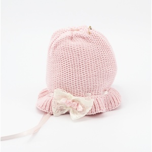 Cappellino in lana merinos rosa con fiocchetto bianco Pz.1