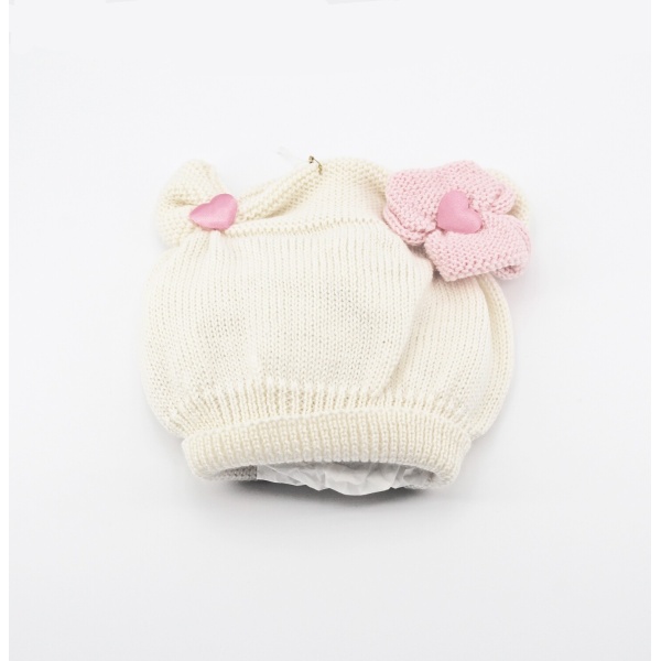 Cappellino in lana merinos bianco con cuori rosa Pz.1