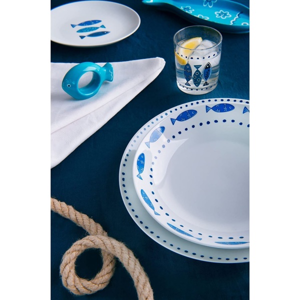 Excelsa Ocean Servizio Piatti 18 Pezzi, Porcellana, Bianco/Azzurro